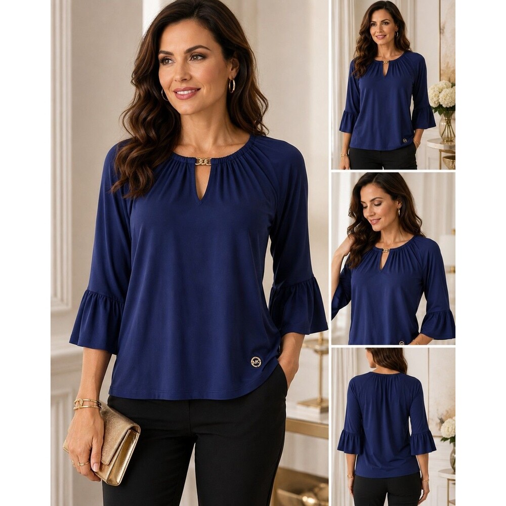 Michael Kors Women's Medium Purple Ruffle Bell Sleeve Keyhole Blouse Top